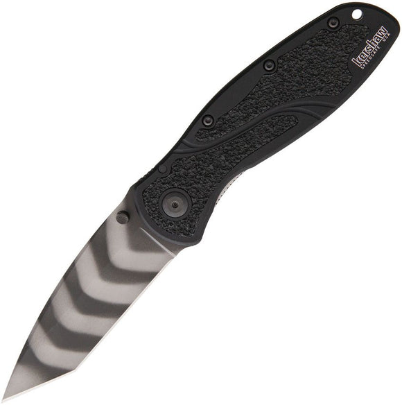 Kershaw Blur Liner Lock Assist Open Knife Tiger Striped CTS-BDZ1 Stainless Tanto Blade/Black Anodized Alum. Handle with Trac-Tec Inserts SKU KS1670TTS