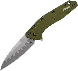 Kershaw Liner Lock Assist Open Knife Dividend (CPM D2 and Bohler N690 Steel Blade)/OD Green Anodized Alum. Handle SKU KS1812OLCB/1812OLCB