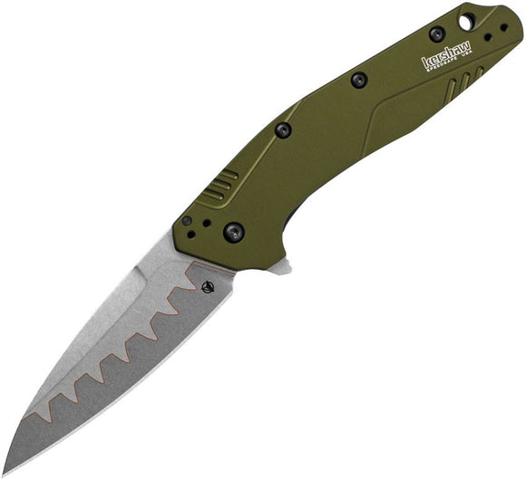 Kershaw Liner Lock Assist Open Knife Dividend (CPM D2 and Bohler N690 Steel Blade)/OD Green Anodized Alum. Handle SKU KS1812OLCB/1812OLCB