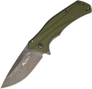 Kershaw Knockout Assist Open Knife Damascus Steel Blade/OD Green Alum. Handle SKU KS1870OLDAM