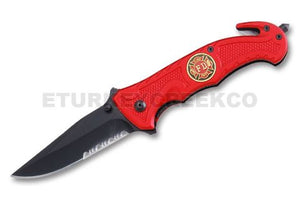 Spring Assist Rescue Knife (Fire Dept.) Black Half Serr. SS Blade/Red Handle SKU SE-858FDR