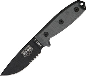 ESEE Knives Model 3 Fixed Blade Knife w/Sheath Black Powder Coated Half Serr. 1095HC Steel Blade/Micarta Handle SKU RC3S