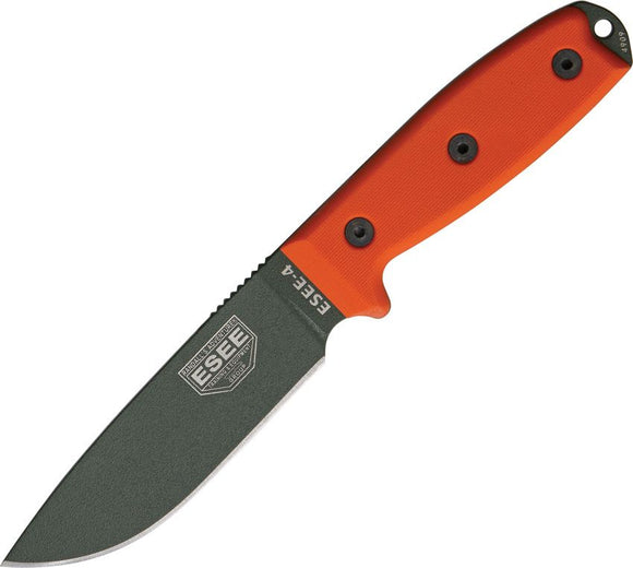 ESEE Knives Model 4 Fixed Blade w/Sheath OD Green Powder Coated 1095HC Steel Blade/Orange G10 Handle SKU RC4POD