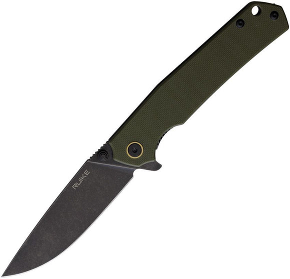 Ruike P801 Frame Lock Knife Black Stonewash 14C28N Sandvik SS Blade/Green G10 Handle SKU RKEP801G