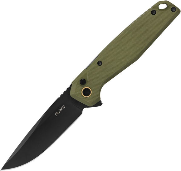 Ruike P873 Button Lock Knife Black Stonewash 14C28N Sandvik steel Blade/OD Green G10 Handle SKU RKEP873G