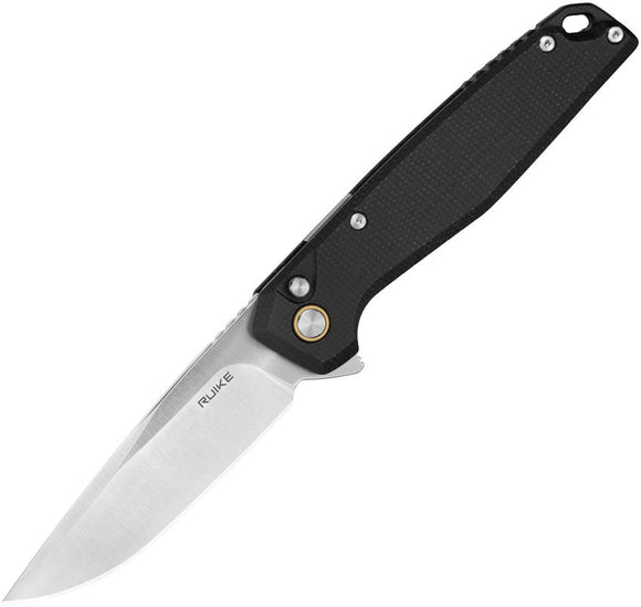 Ruike P873 Button Lock Knife Satin Finish 14C28N Steel Blade/Black G10 Handle SKU RKEP873MB