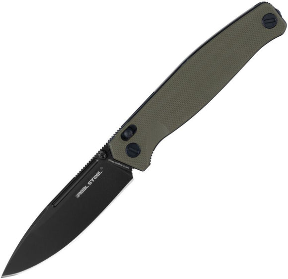 Real Steel Huginn Slide Lock Knife Black Oxide Coated Vg-10 Stainless Blade/OD Green G10 Handle SKU RS7652GB