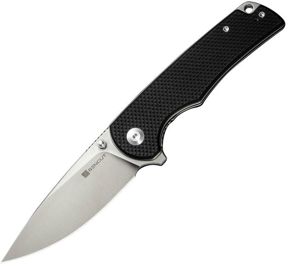 Sencut Praktisk Thumb Stud Flipper Knife Satin Finish Drop Point S240191 Steel Blade/Black Coarse G10 Handle SKU S240191/S24019-1