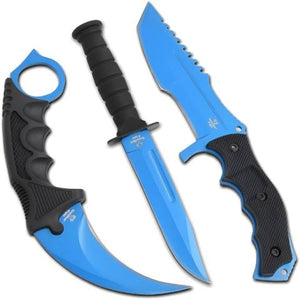 Snake Eye Tactical Hunting Knife 3 Piece Set w/Sheaths Blue 440 SS Blades/Black ABS Handles SKU SE-3SETBL