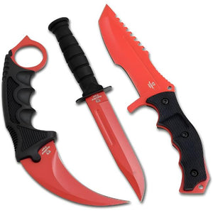 Snake Eye Tactical Hunting Knife 3 Piece Set w/Sheaths Red 440 SS Blades/Black ABS Handles SKU SE-3SETRD