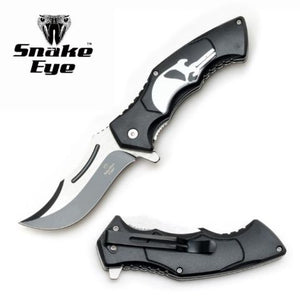 Snake Eye Spring Assist Knife Two Tone 440 SS Blade/White Punisher Skull on Black Plastic Handle SKU SE-5087PSK