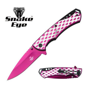 Snake Eye Tactical Spring Assist Knife Pink SS Blade/Pink and Silver Metal Heart Handle SKU SE-5217PK