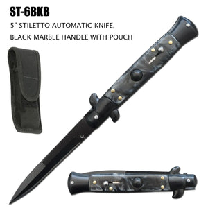 Milano Stiletto Switchblade Knife Black 440 Stainless-Steel Blade/Black Faux Marble Handle SKU ST-6BKB