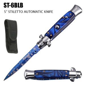 Milano Stiletto Switchblade Knife Stainless-Steel Blade with 3D Graphic Bullet Holes/Blue Faux Marble Handle SKU ST-6BLB