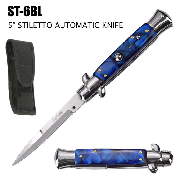 Milano Stiletto Switchblade Knife Stainless-Steel Blade/Blue Faux Marble Handle SKU ST-6BL