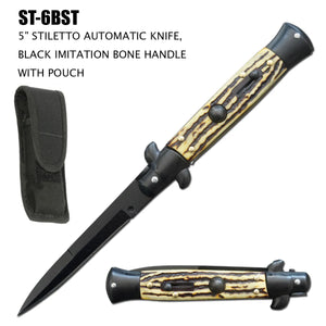 Italian Milano Stiletto Switchblade Knife Black 440 SS Blade/Faux Bone Handle SKU ST-6BST