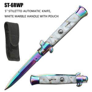 Milano Stiletto Switchblade Knife Rainbow Stainless-Steel Blade/White Faux Marble Handle SKU ST-6RWP