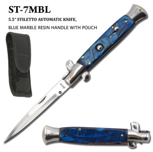 Milano Stiletto Switchblade Knife Stainless-Steel Blade/Blue Faux Marble Handle SKU ST-7MBL