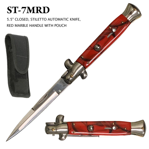 Milano Stiletto Switchblade Knife Stainless-Steel Blade/Red Faux Marble Handle SKU ST-7MRD