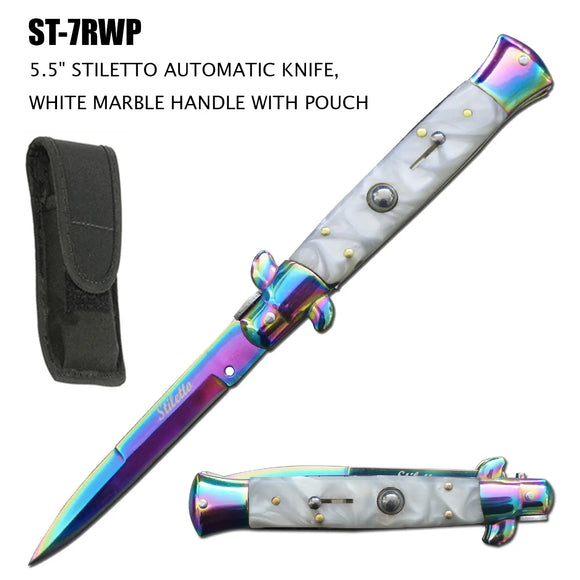 Milano Stiletto Switchblade Knife Rainbow Titanium Coated SS Blade/White Faux Marble Handle SKU ST-7RWP