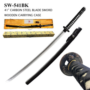 Hand Forged Katana Sword with Wood Case 1045 Carbon Steel Blade/White Faux Ray Skin Handle Black Lacquer Finish Scabbard SKU SW-541BK