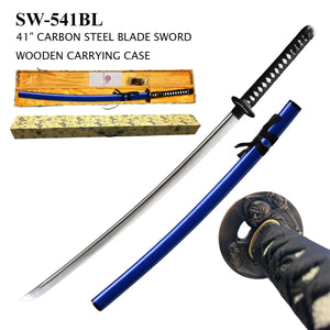 Hand Forged Katana Sword with Wood Case 1045 Carbon Steel Blade/White Faux Ray Skin Handle Blue Lacquer Finish Scabbard SKU SW-541BL