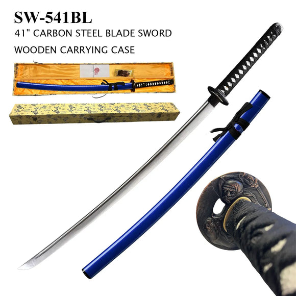 Hand Forged Katana Sword with Wood Case 1045 Carbon Steel Blade/White Faux Ray Skin Handle Blue Lacquer Finish Scabbard SKU SW-541BL