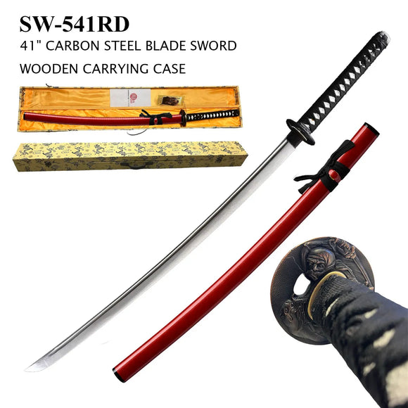 Hand Forged Katana Sword with Wood Case 1045 Carbon Steel Blade/White Faux Ray Skin Handle Red Lacquer Finish Scabbard SKU SWE-541RD