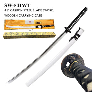 Hand Forged Katana Sword with Wood Case 1045 Carbon Steel Blade/White Faux Ray Skin Handle White Lacquer Finish Scabbard SKU SW-541WT