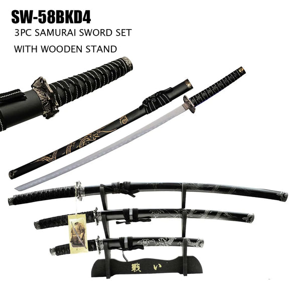 3 Piece Samurai Sword Set Carbon Steel Blades/Black Carved Dragon Wood Scabbard w/Stand SKU SW-58BKD4