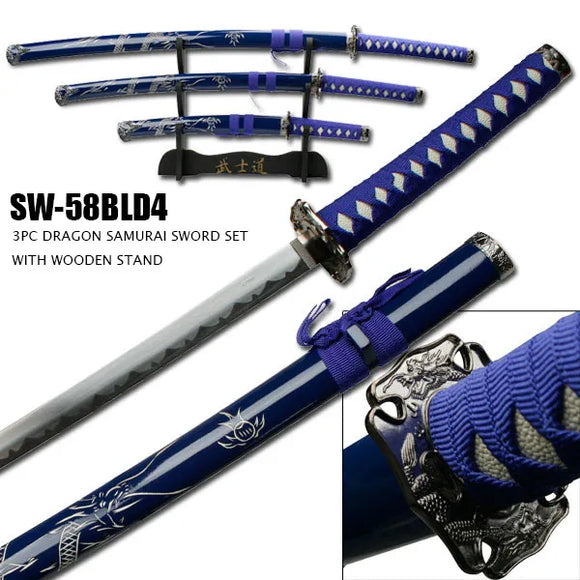 3 Piece Samurai Sword Set Carbon Steel Blades/Blue Carved Dragon Wood Scabbard w/Stand SKU SW-58BLD4