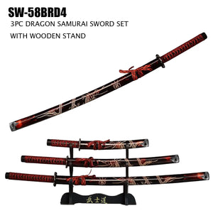 3 Piece Samurai Sword Set Carbon Steel Blades/Burgandy Carved Dragon Wood Scabbard w/Stand SKU SW-58BRD4