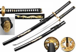 Ryujin 40.5" Hand Forged Samurai Sword 1045 Steel Blade/Black Scabbard with Gold Dragon Design SKU T64064BK