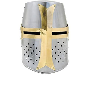 Medieval Warrior Templar Brass Crusader Knights Helmet w/Stand 18 Gauge Carbon Steel SKU TC-2204