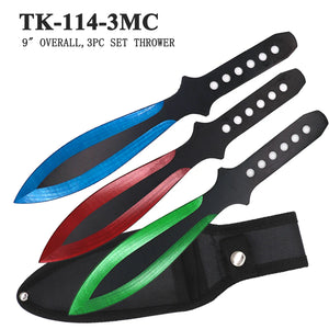 9" 3 Piece Throwing Knife Set w/Sheath Black with Blue, Red, Green Stainless-Steel Blades