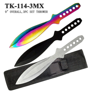 9" 3 Piece Throwing Knife Set w/Sheath Rainbow, Black, Silver Stainless-Steel Blades SKU TK-114-3MX