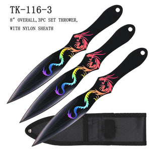 8" 3 Piece Throwing Knife Set Black w/Rainbow Dragon Design SS Blades SKU TK-116-3