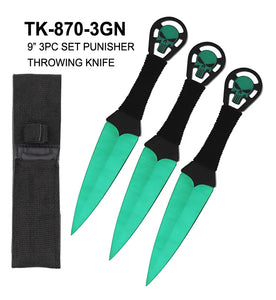 9" 3 Piece Punisher Throwing Knife Set Green Stainless-Steel Blades/Black Cord Wrapped Handle with Punisher Skull SKU TK-870-3GN