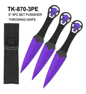 9" 3 Piece Punisher Throwing Knife Set Purple Stainless-Steel Blades/Black Cord Wrapped Handle with Punisher Skull SKU TK-870-3PE