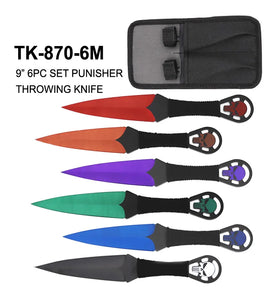 9" 6 Piece Punisher Throwing Knife Set w/Sheath Red, Orange, Purple, Blue, Black SS Blades/Black Cord Wrapped Handle with Punisher Skull SKU TK-870-6M