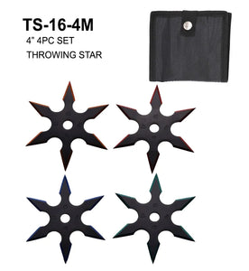 4" 4 Piece Ninja Throwing Star Set w/Pouch Two Tone Black with Blue, Green, Orange, Red Stainless-Steel SKU TS-16-4M