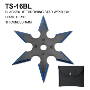 4" 6 Point Ninja Throwing Star w/Pouch Black/Blue Stainless-Steel SKU TS-16BL