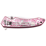 Femme Fatale Spring Assist Knife 3Cr13 SS Blade/Silver & Pink Rose Design Alum. Handle SKU FF-A003PK