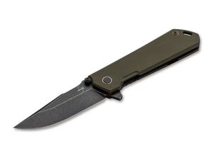 Boker Plus Kihon Spring Assist Open Knife Black Stonewash D2 Tool Steel Blade/OD Green G10 Handle SKU 01BO164