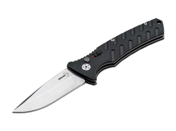 Böker Plus Strike Automatic Knife Stonewash D2 SS Blade/Black Alum. Handle SKU 01BO457