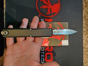 Microtech ZBT Ultratech Gen III OTF Knife D/E 1/2 Serr. Stonewash M390MK Steel Blade/Black 6161-T6 Alum. Handle SKU 1122-11