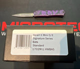 Microtech Hera II Mini Signature Series OTF Knife Black D/E Dagger M390MK SS Blade/Purple & Black Bat Theme Alum. Handle SKU 1702M-1HWBAS