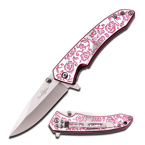 Femme Fatale Spring Assist Knife 3Cr13 SS Blade/Silver & Pink Rose Design Alum. Handle SKU FF-A003PK