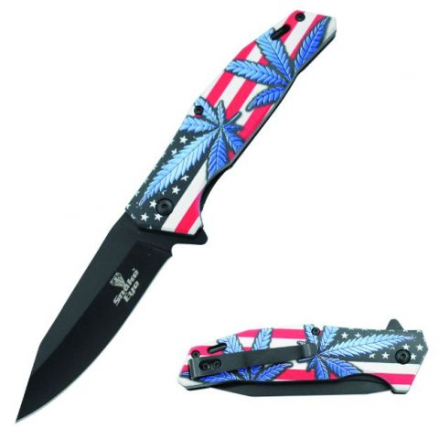 Snake Eye Tactical Spring Assist Knife Black 420 SS Blade/U.S. Flag Blue Pot Leaf Handle SKU SE-177BL