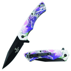 Snake Eye Tactical Spring Assist Knife Black 420 SS Blade/White & Purple Dragon 3D Print Handle SKU SE-711PP